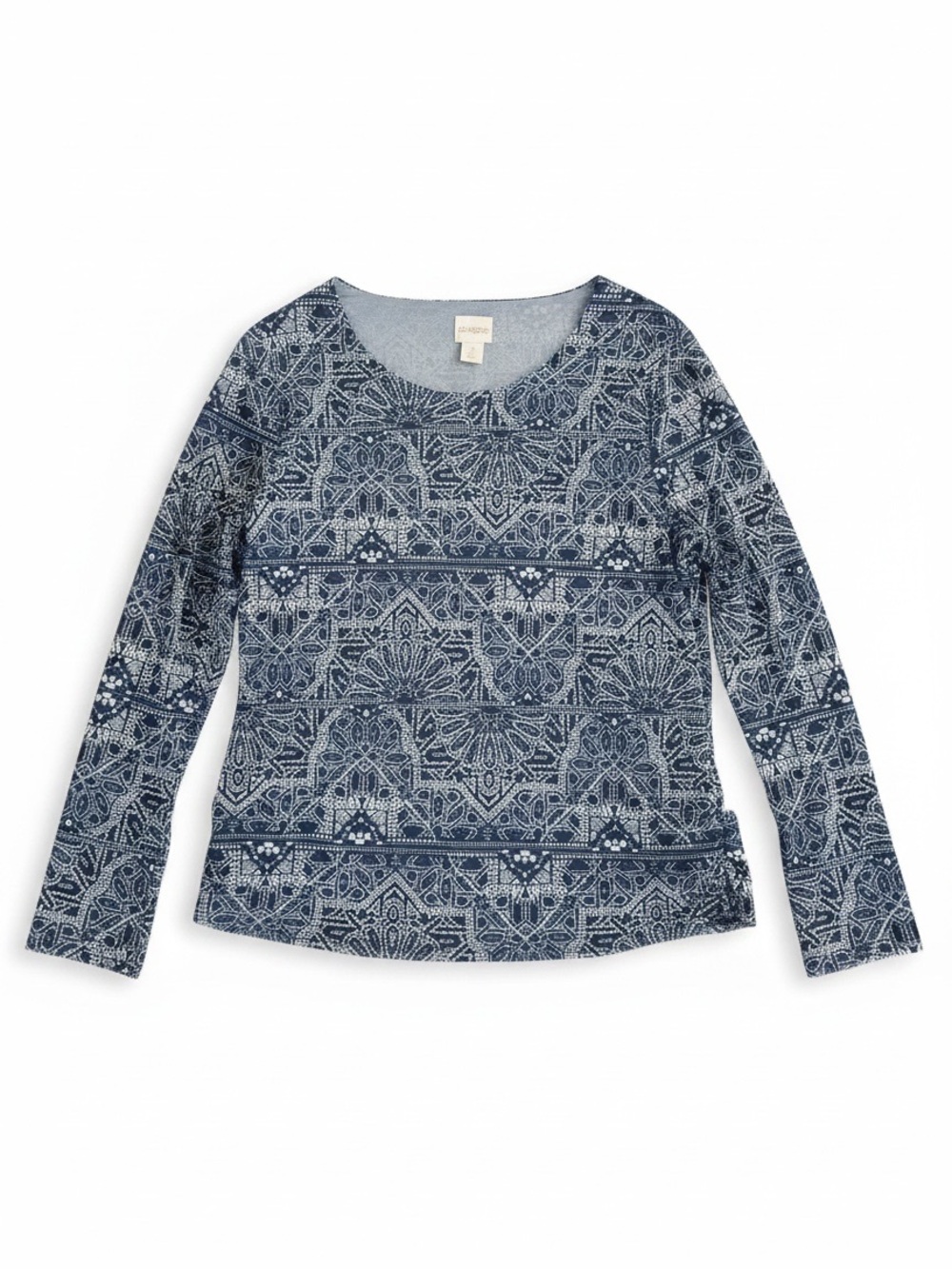 Chico’s Blue Geometric Kaleidoscope Print Mesh Lined Top Size 1 Long Sleeve - Picture 4 of 12